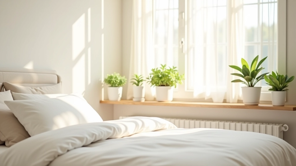 Bright spring bedroom with fresh white bedding, pastel green plants on windowsill, light filtering through sheer curtains