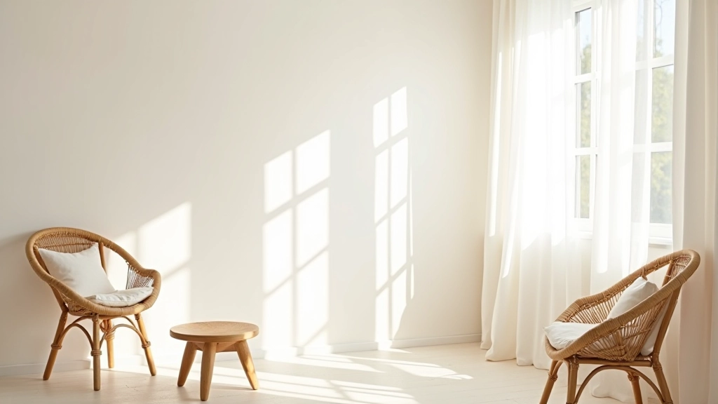 Bright airy summer room with light linen fabrics, minimal furnishings, and open windows showing fresh breezy aesthetic