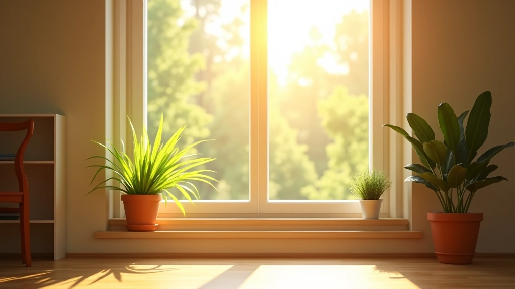 Sunny living room window with light streaming across wooden floor, green potted plants casting shadows