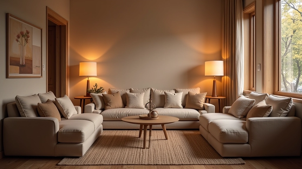 Modern living room with warm lighting, comfortable seating, and layered textures creating a cozy atmosphere
