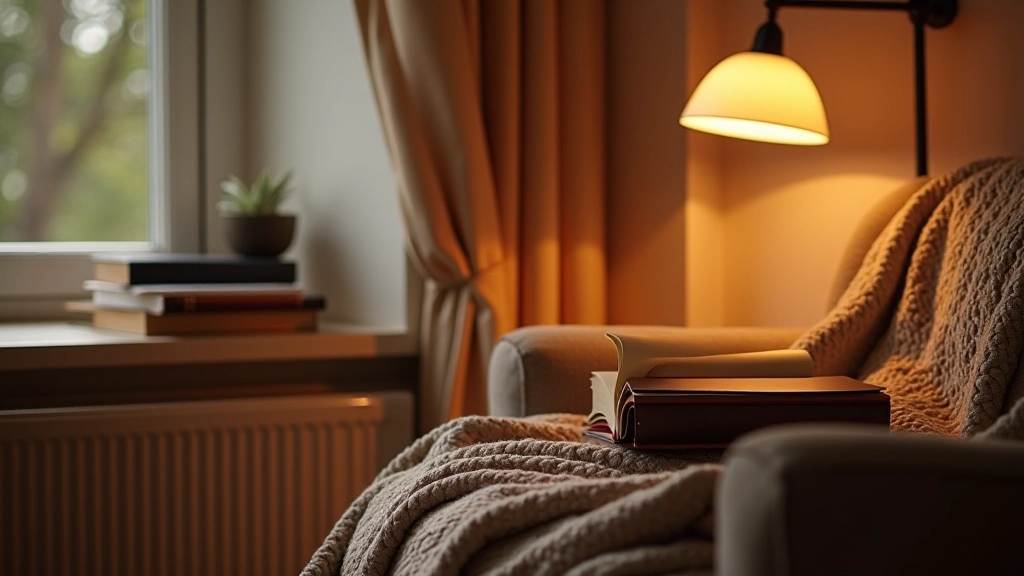 Reading nook created with comfortable seating, warm lighting, and textured accessories for a cozy retreat