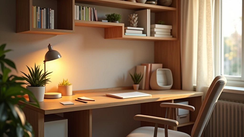 Home office corner styled with organized storage, soft lighting, and comfort elements for productive work
