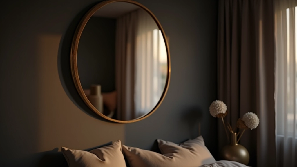 Bedroom wall with brass mirror reflecting warm lamp light, dark blue painted wall, and decorative metal accessories