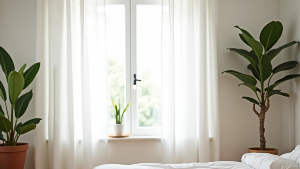 Window with sheer linen curtains, multiple potted plants on tiered shelving, soft natural light filling the room