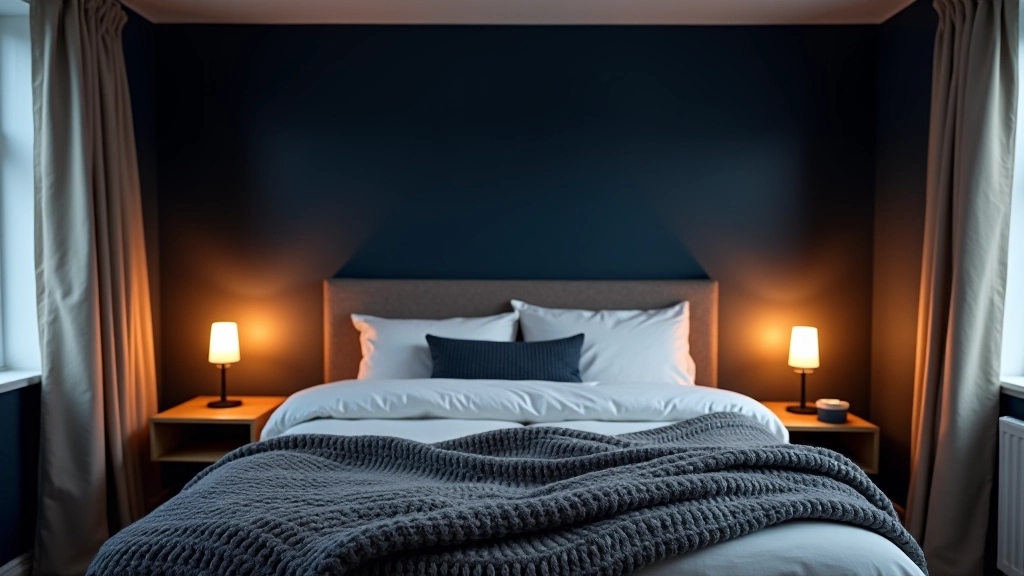 Winter bedroom with deep blue walls, white trim, warm lighting from bedside lamp, heavy knit throw, and wooden furniture