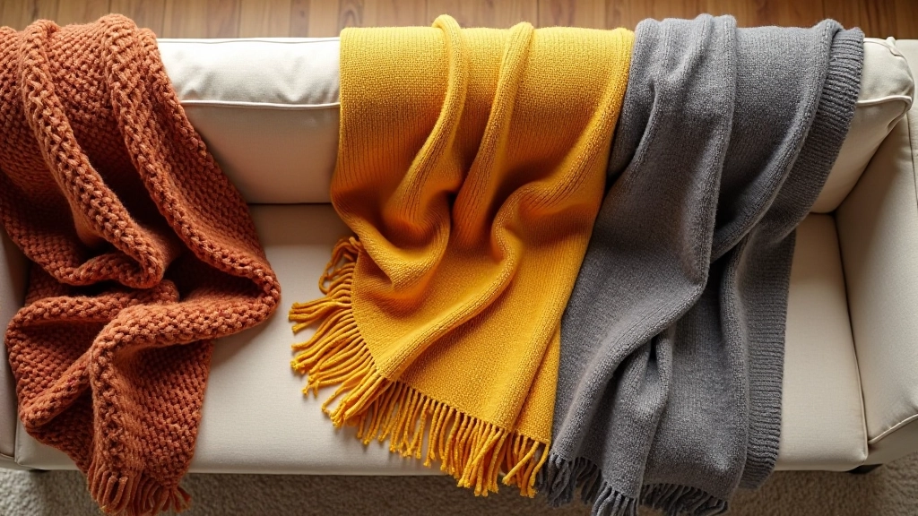 Cozy sofa with multiple textured throw blankets in various autumn shades draped casually