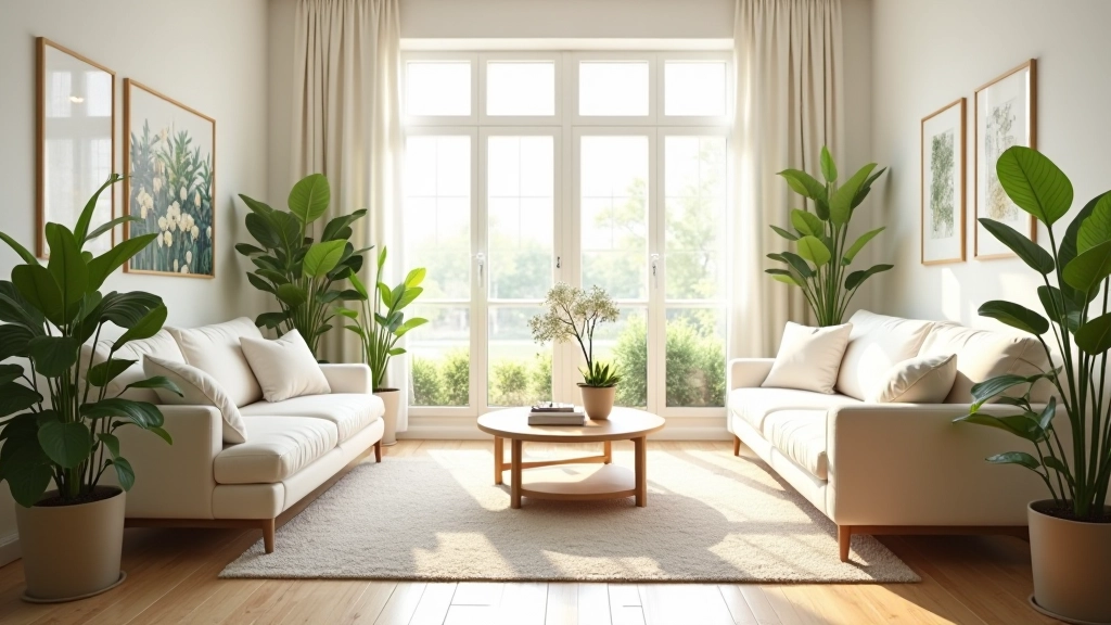 Living room refreshed with plants, natural light filtering through styled windows, bright and airy seating arrangement