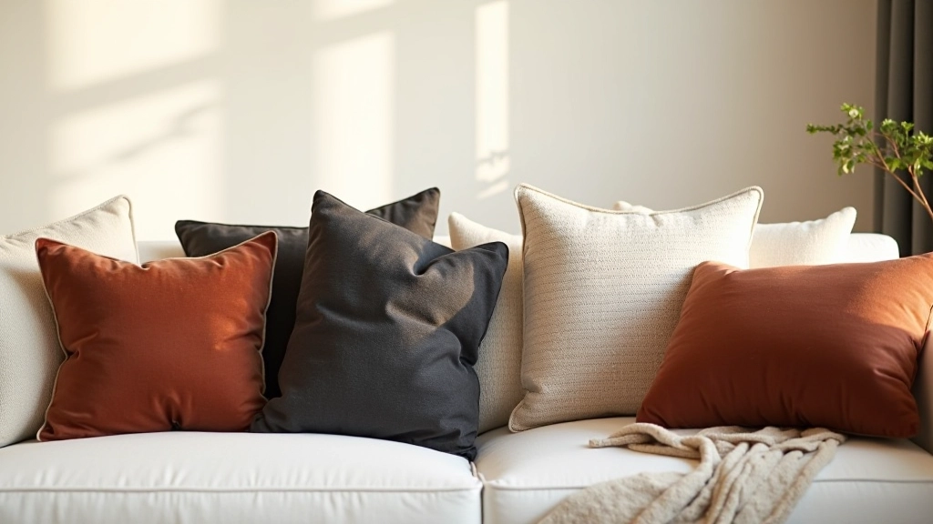 Styled sofa arrangement with layered pillows in various textures and autumn colors
