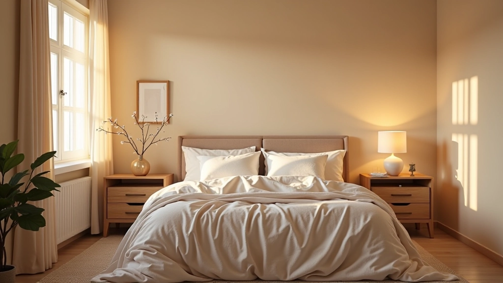 Bedroom transformed with warm neutral tones, layered lighting, and comfortable bedding creating a restful sanctuary