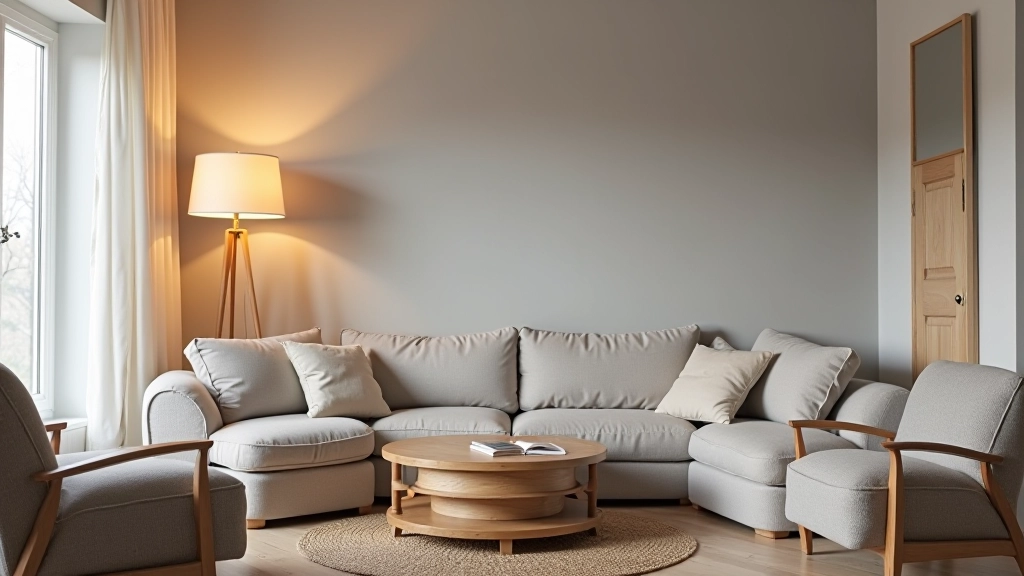 Cozy living room with warm gray accent wall, layered lighting, wooden side table with candle, and soft textured furniture