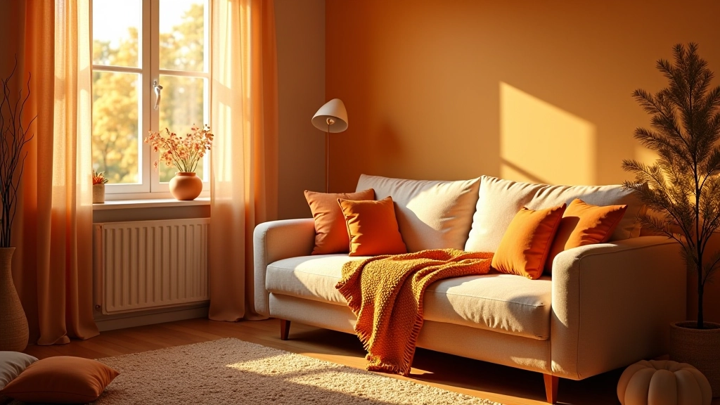 Cozy living room with warm lighting, soft cushions, and autumn-colored throw blanket draped over sofa